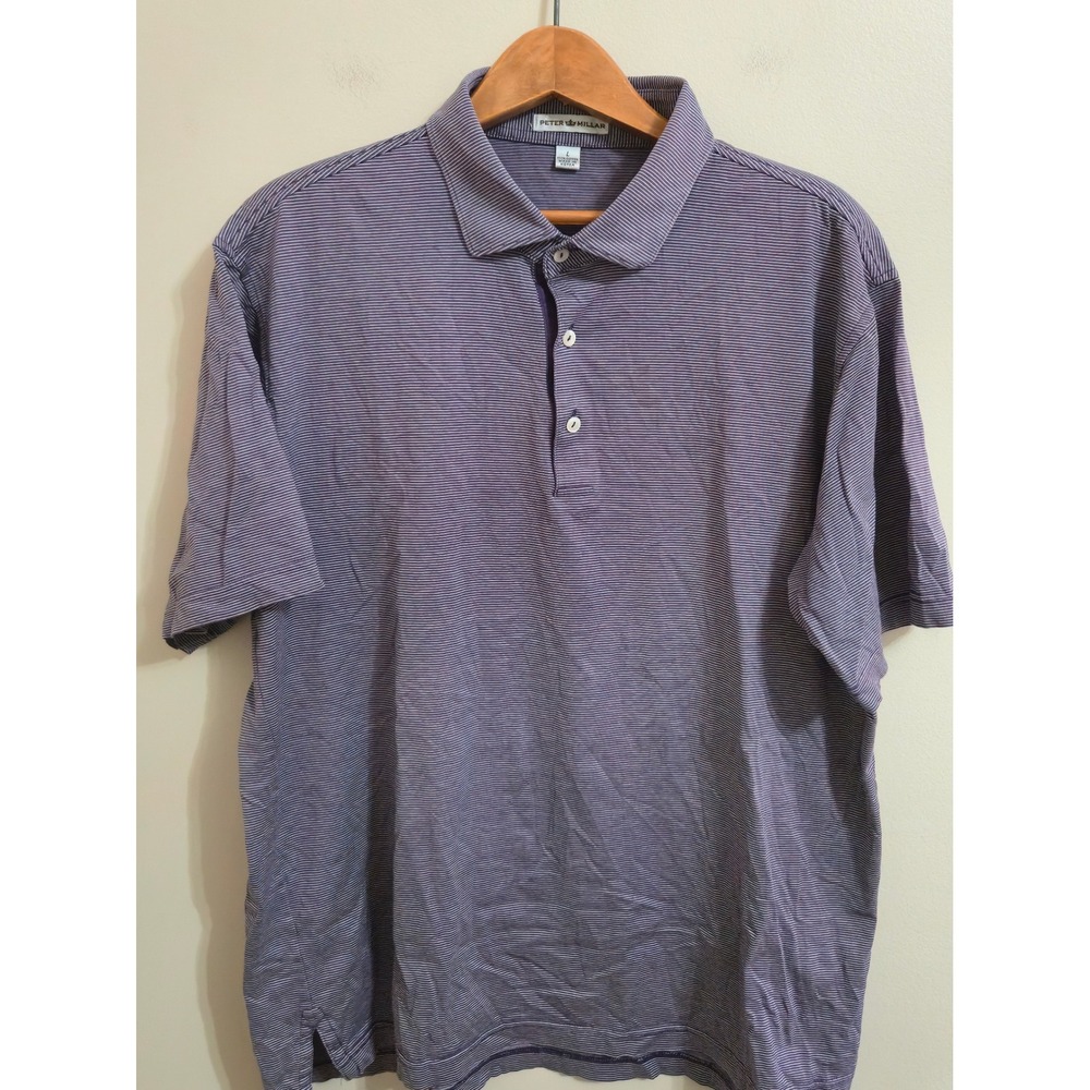 Peter Millar Crown Men Purple White Micro Stripe Cotton Polo Short Sleeve L